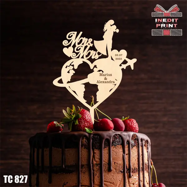 Topper Tort Personalizat Avion Mr Mrs TC827 Lemn natur, 13x13cm