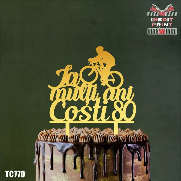 Topper Tort Personalizat Bicicleta TC770 Lemn natur, 13x13cm