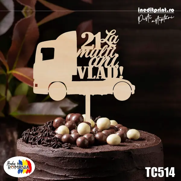 Topper Tort Personalizat Camion TC514 Lemn natur, 16x16cm