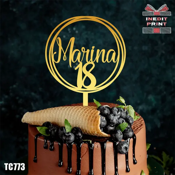 Topper Tort Personalizat cu nume si varsta TC773 Lemn natur, 13x13cm
