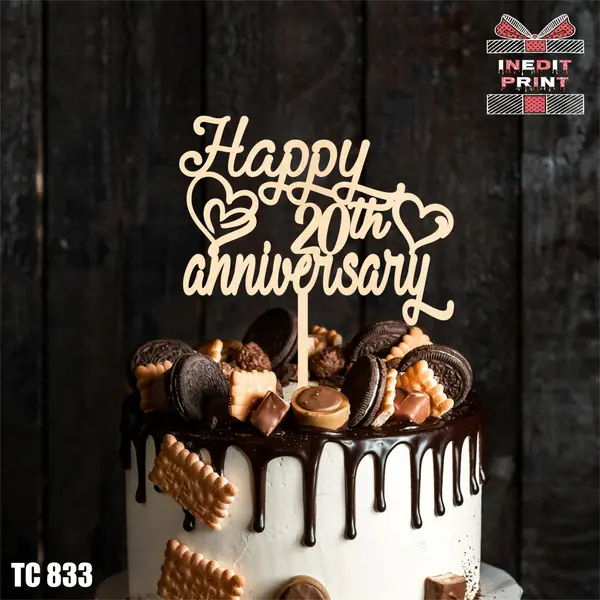 Topper Tort Personalizat Happy Anniversary TC833 Lemn natur, 13x13cm
