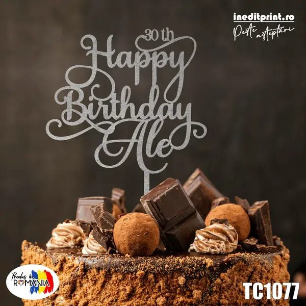 Topper tort personalizat Happy Birthday TC1077 Lemn natur, 16x16cm