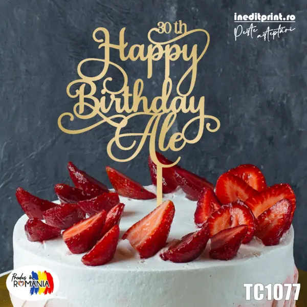 Topper tort personalizat Happy Birthday TC1077 Lemn natur, 20x20cm