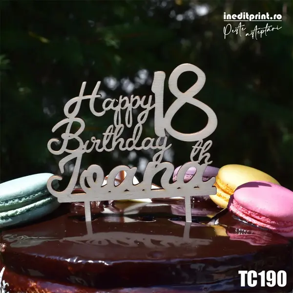 Topper Tort Personalizat Happy birthday TC190 Lemn natur, 20x20cm