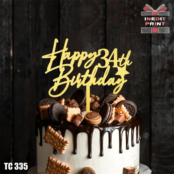 Topper Tort Personalizat Happy Birthday TC335 Lemn natur, 13x13cm