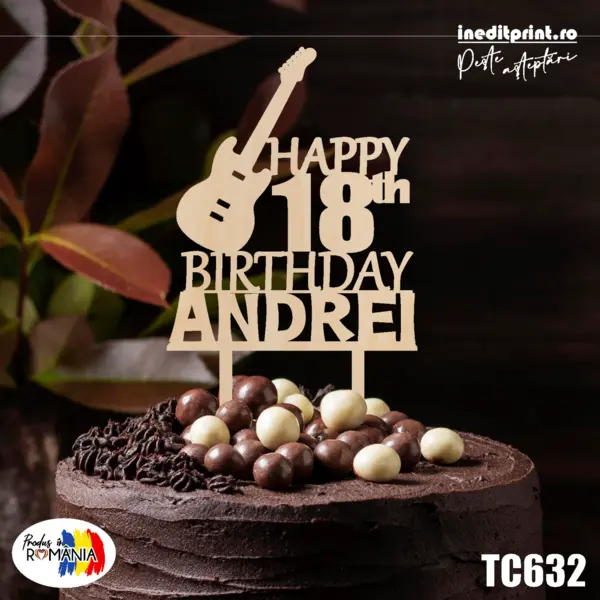Topper tort personalizat Happy Birthday TC632 Lemn natur, 13x13cm