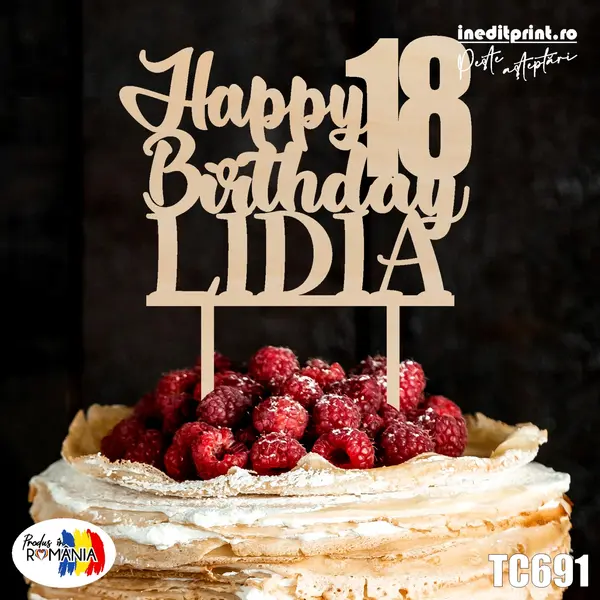Topper Tort Personalizat Happy Birthday TC691 Lemn natur, 13x13cm
