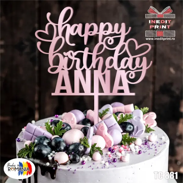 Topper Tort Personalizat Happy Birthday TC881 Lemn natur, 20x16cm