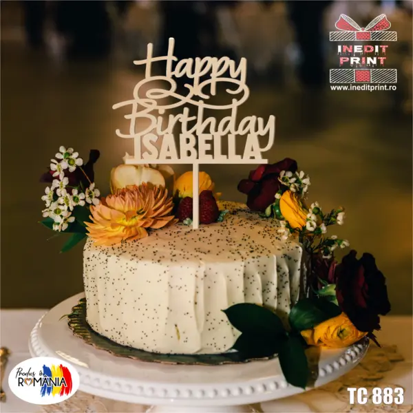 Topper Tort Personalizat Happy birthday TC883 Lemn natur, 20x20cm