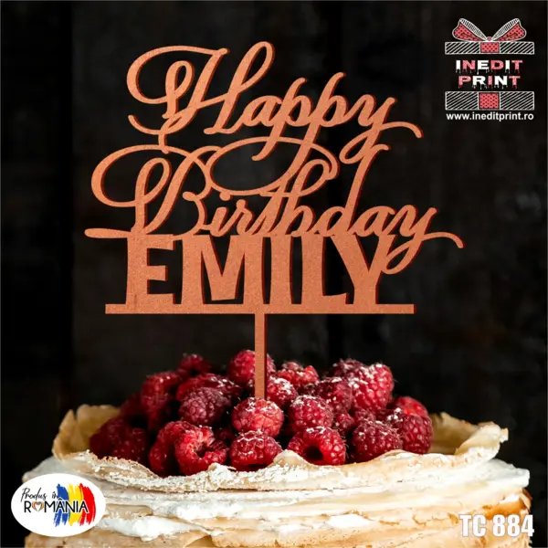 Topper Tort Personalizat Happy birthday TC884 Lemn natur, 16x16cm