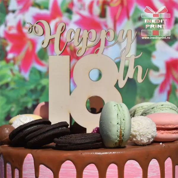 Topper Tort Personalizat Happy TC216 Lemn natur, 20x20cm