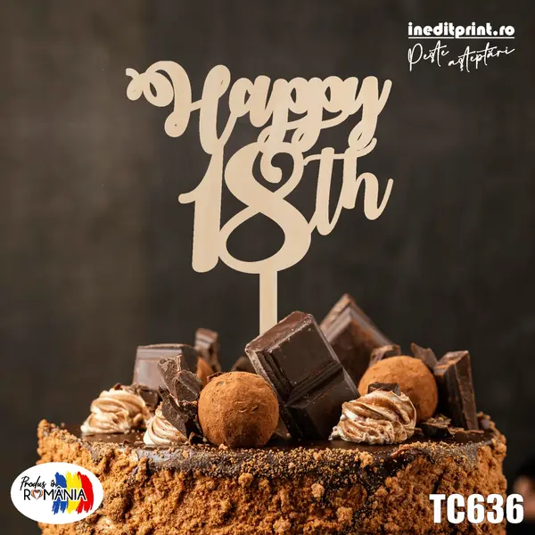 Topper Tort Personalizat Happy TC636 Lemn natur, 13x13