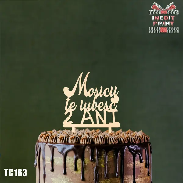 Topper Tort Personalizat Mosici TC163 Lemn natur, 12X12cm