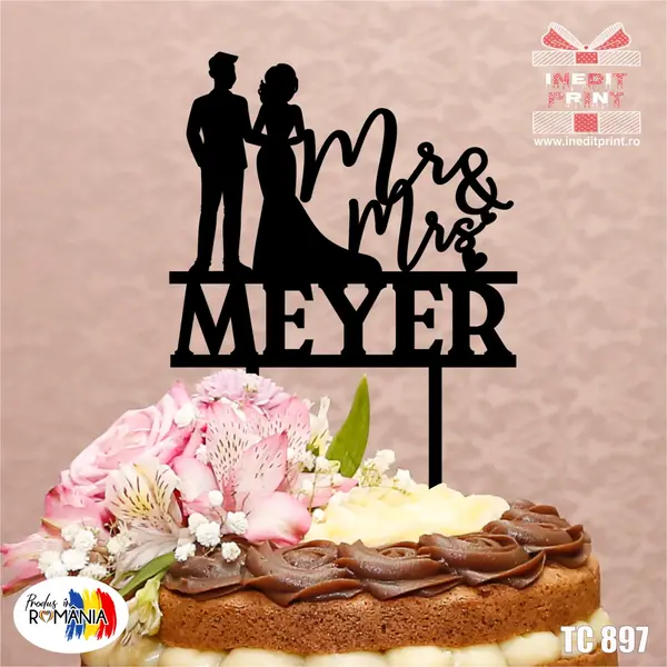 Topper Tort Personalizat Mr Mrs TC897 Lemn natur, 16x16cm
