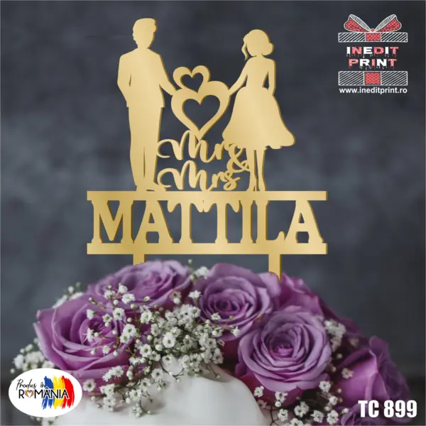 Topper Tort Personalizat Mr Mrs TC899 Lemn natur, 20x20cm