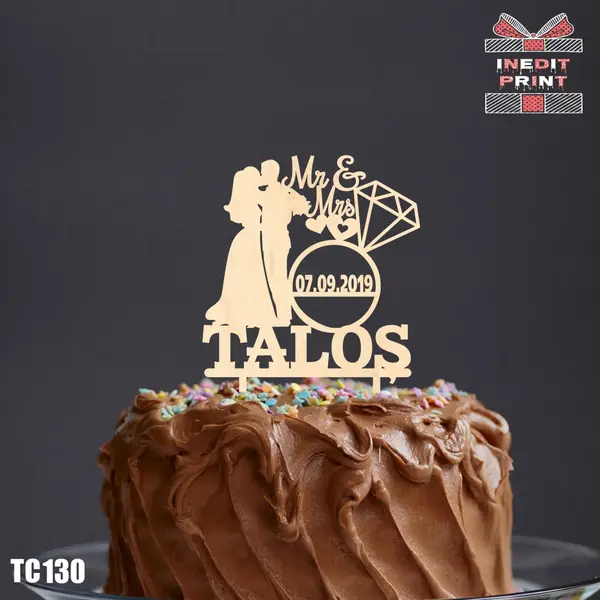 Topper Tort Personalizat MrMrs TC130 Lemn natur, 16x16cm