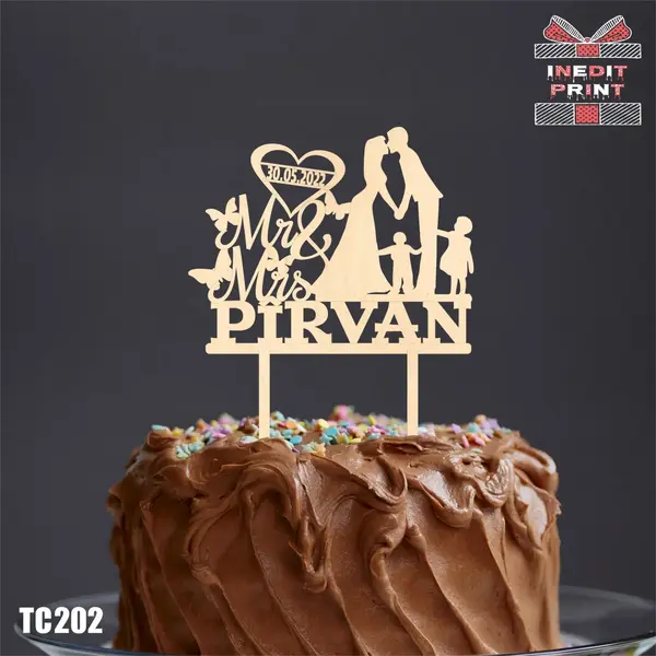 Topper Tort Personalizat MrMrs TC202 Lemn natur, 16x16cm