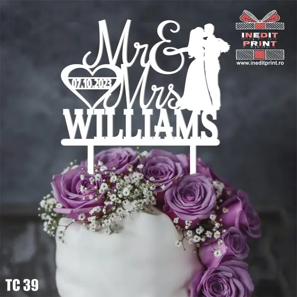 Topper Tort Personalizat MrMrs TC39 Lemn natur, 16x16cm