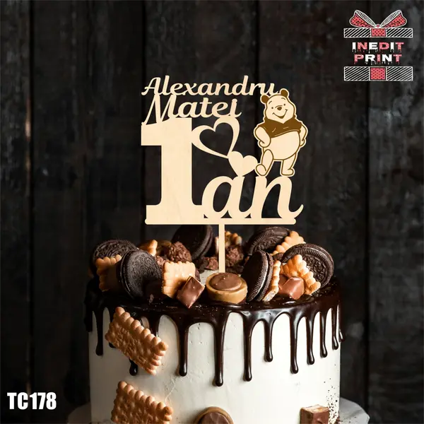 Topper Tort Personalizat Nume TC178 Lemn natur, 12X12cm