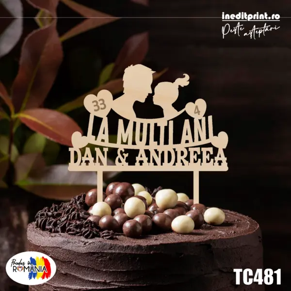 Topper Tort Personalizat TC481 Lemn natur, 16x16cm