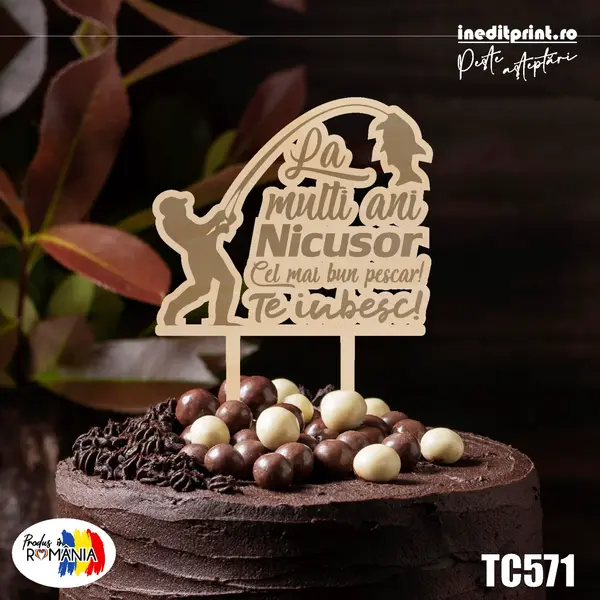 Topper tort Pescar TC571 Lemn natur, 13x13cm