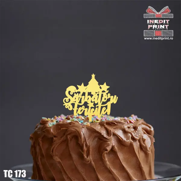 Topper tort Sarbatori fericite TC173 Lemn natur, 8x8cm