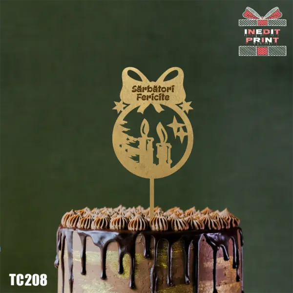 Topper tort Sarbatori fericite TC208 Lemn natur, 10x14cm