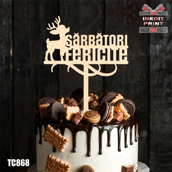 Topper Tort Sarbatori Fericite TC868 Lemn natur, 16x16cm