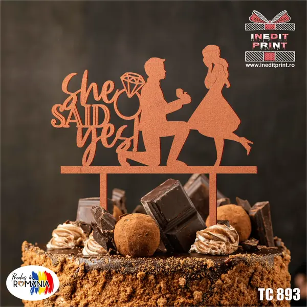 Topper tort She said yes TC893 Lemn natur, 16x16cm