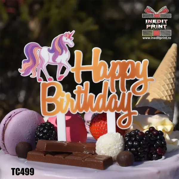 Topper Tort UV Happy B-day Unicorn TC499 10x10cm, MDF