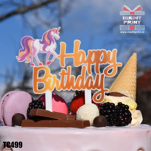 Topper Tort UV Happy B-day Unicorn TC499 10x10cm, Plexiglass alb