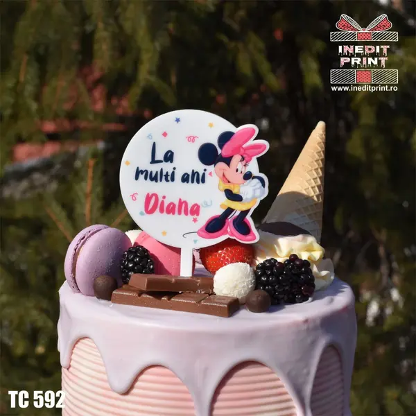 Topper Tort UV Minnie La multi ani TC592 15x15cm, Plexiglass alb