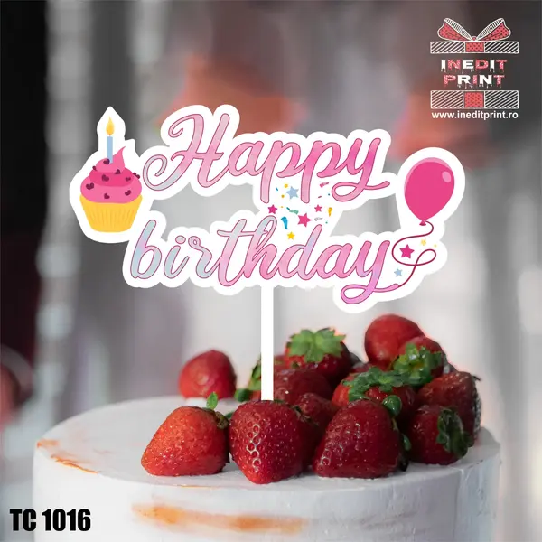 Topper Tort UV Muffin Happy Birthday TC1016 16x16cm, Plexiglass alb