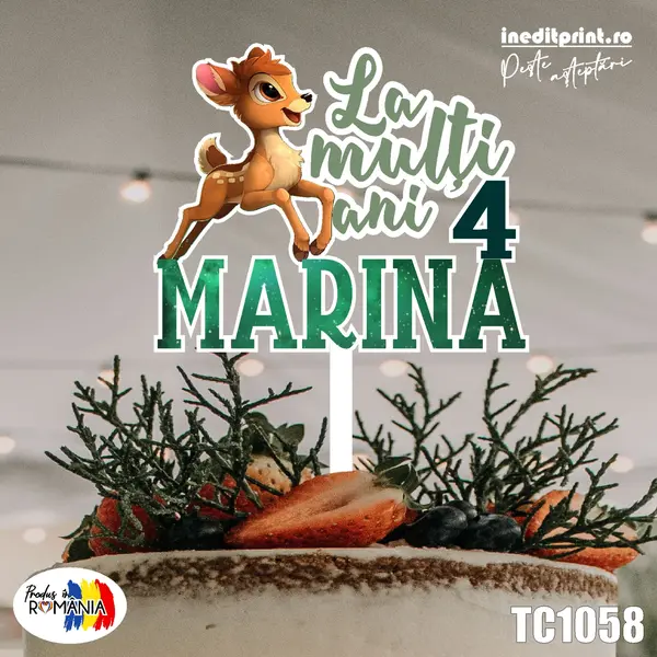 Topper Tort UV Personalizat Bambi TC1058 10x10cm, MDF
