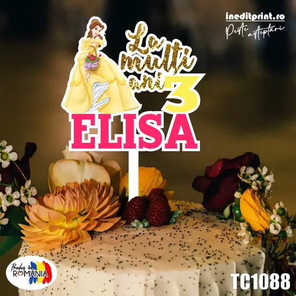Topper Tort UV Personalizat Belle TC1088 16x16cm, MDF