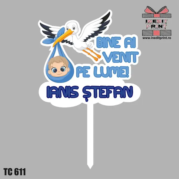Topper Tort UV Personalizat Bine ai venit pe lume TC611 15x15cm, Plexiglass alb