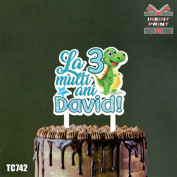 Topper Tort UV Personalizat Dino TC742 -10x10-MDF 10x10cm, MDF