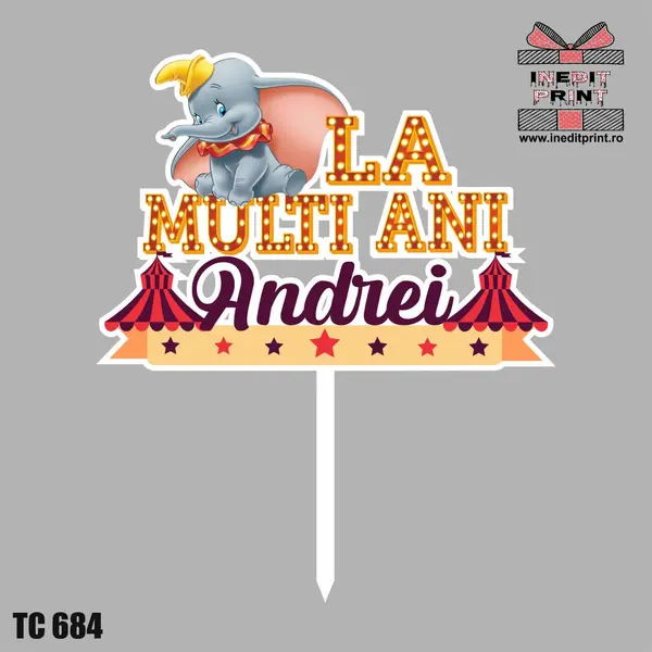 Topper Tort UV Personalizat Dumbo TC684 16x16cm, Plexiglass alb