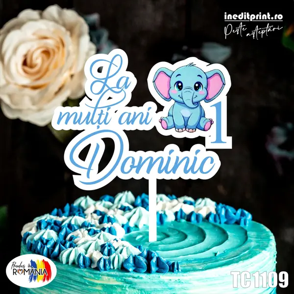 Topper Tort UV Personalizat Elefant TC1109 16x16cm, MDF