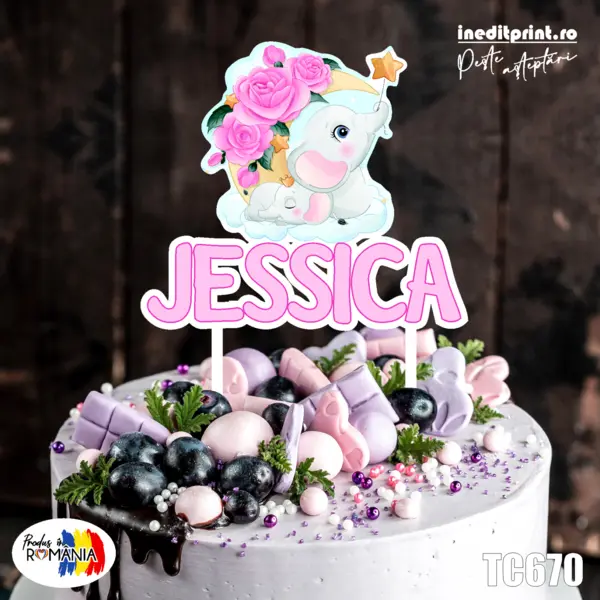 Topper Tort UV Personalizat Elefant TC670 13x13cm, MDF