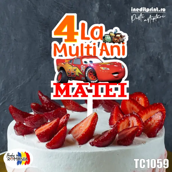 Topper Tort UV Personalizat Fulger McQueen TC1059 10x10cm, Plexiglass alb