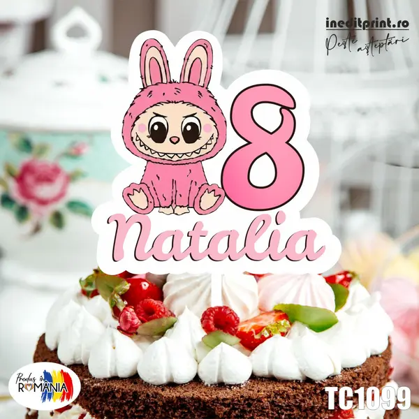 Topper Tort UV Personalizat Labubu TC1099 16x16cm, Plexiglass alb