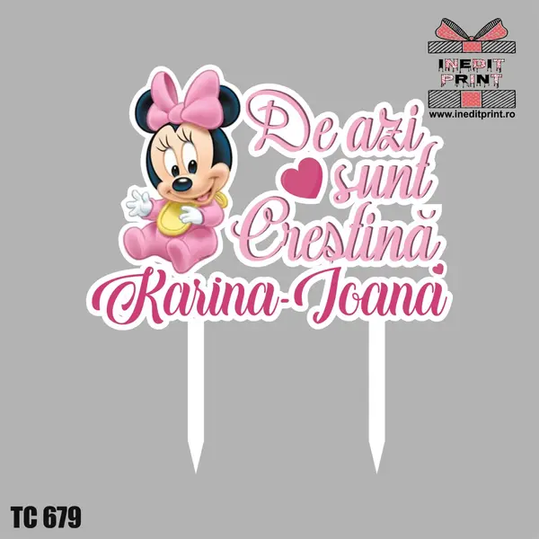 Topper Tort UV Personalizat Minnie Mickey TC679 fata baiat (De azi sunt crestin a) 10x10cm, Plexiglass alb