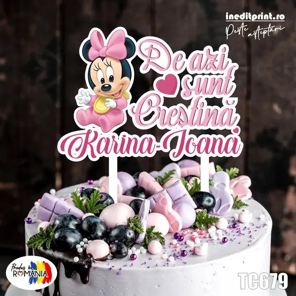 Topper Tort UV Personalizat Minnie Mickey TC679 fata baiat (De azi sunt crestin a) 13x13cm, MDF