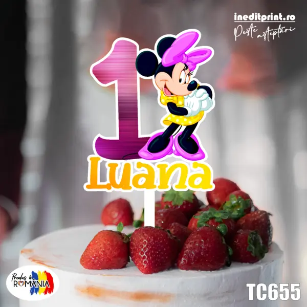Topper Tort UV Personalizat Minnie MouseTC655 10x10cm, Plexiglass alb