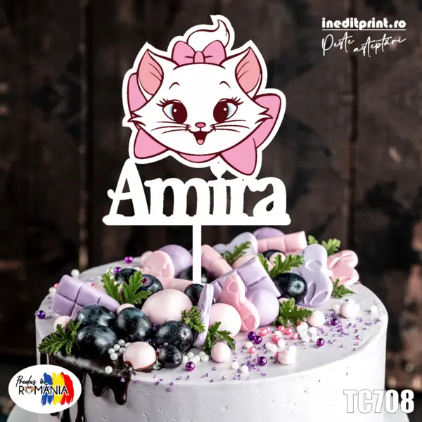 Topper Tort UV Personalizat Pisica Marie TC708 16x16cm, MDF