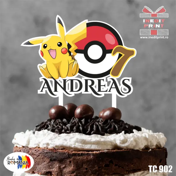 Topper Tort UV Personalizat Pokemon TC902 16x16cm, Plexiglass alb