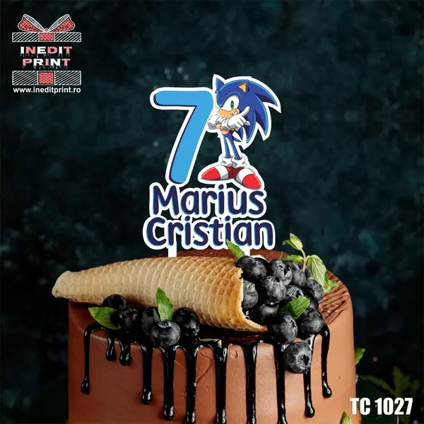 Topper Tort UV Personalizat SONIC TC1027 16x16cm, Plexiglass alb