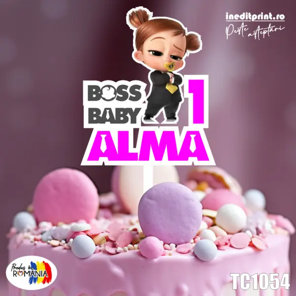 Topper Tort UV Personalizat Tina Baby Boss TC1054 13x13cm, Plexiglass alb