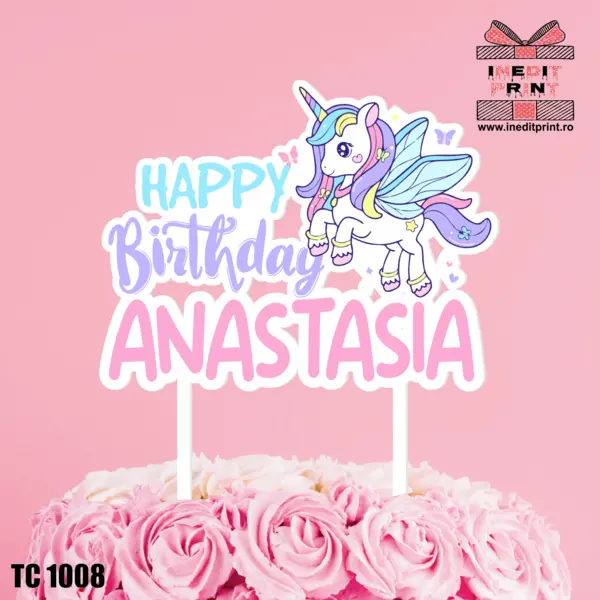Topper Tort UV Personalizat Unicorn TC1008 16x16cm, Plexiglass alb